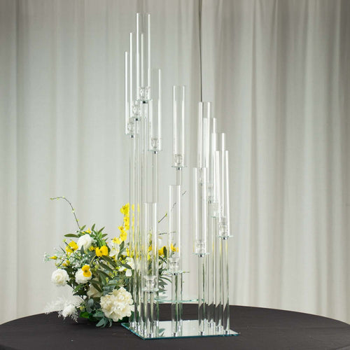 12-Arm Crystal Glass Cluster Candelabra Pedestal Stand 4.5ft - Square Hurricane Taper Candle Holder Table Centerpiece